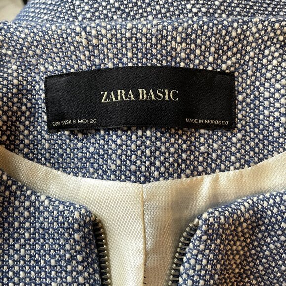 Zara Blue Tweed Blazer Jacket Size Small Preppy Workwear Cute Layering - Picture 6 of 8